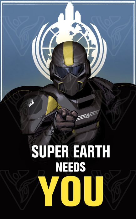 Character in a futuristic suit with 'Super Earth Needs You' text on a blue and black background