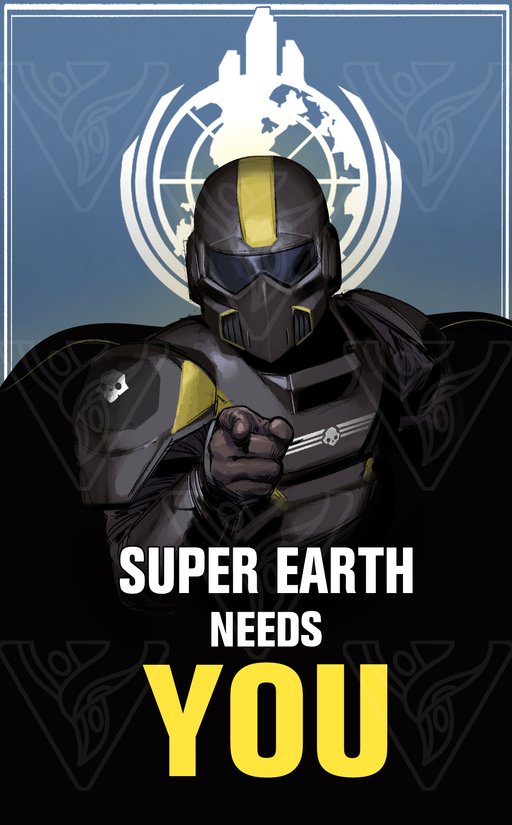 Character in a futuristic suit with 'Super Earth Needs You' text on a blue and black background